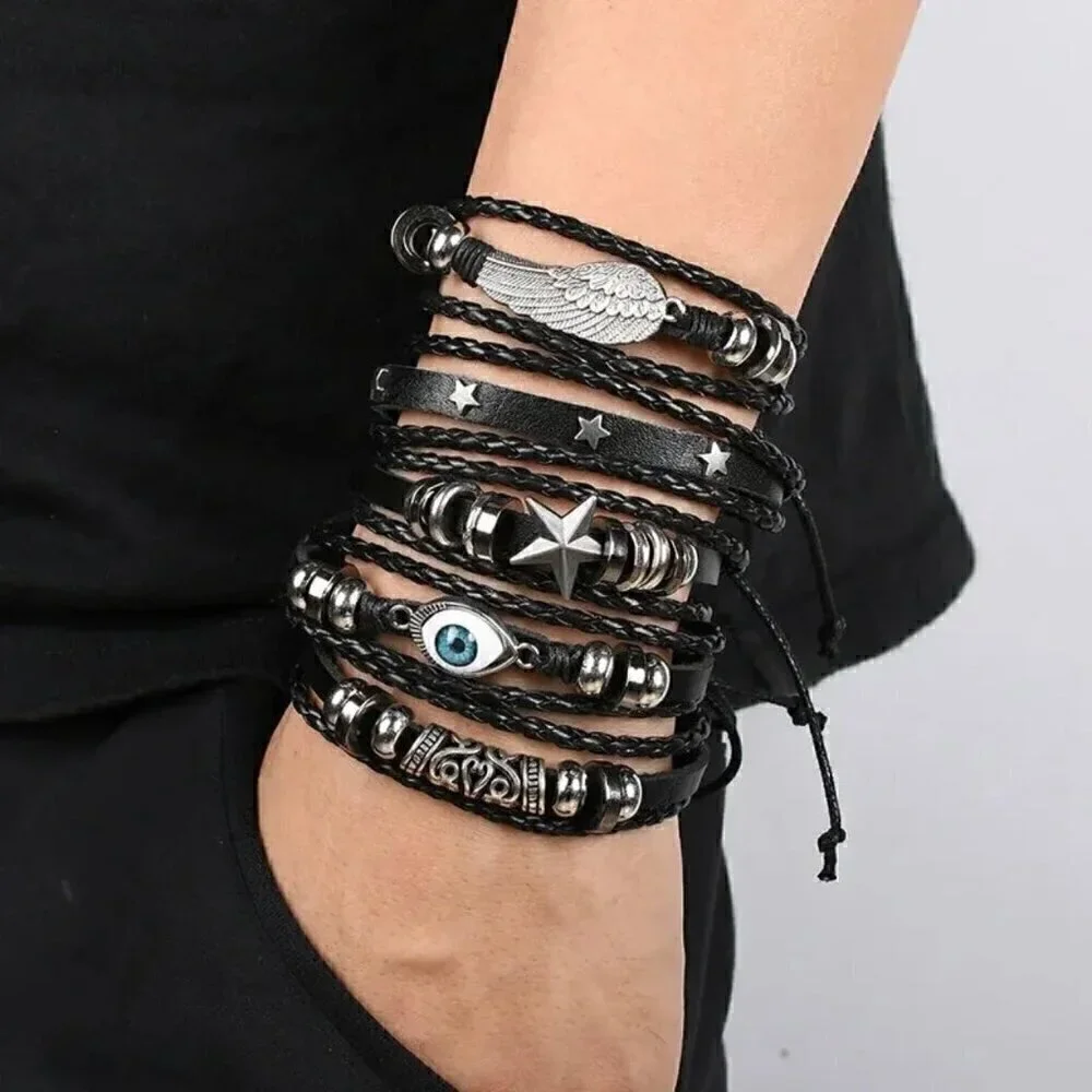 NWT Set Of 5 Black Leather Adjustable Braided Woven Bracelets Chrome Charms